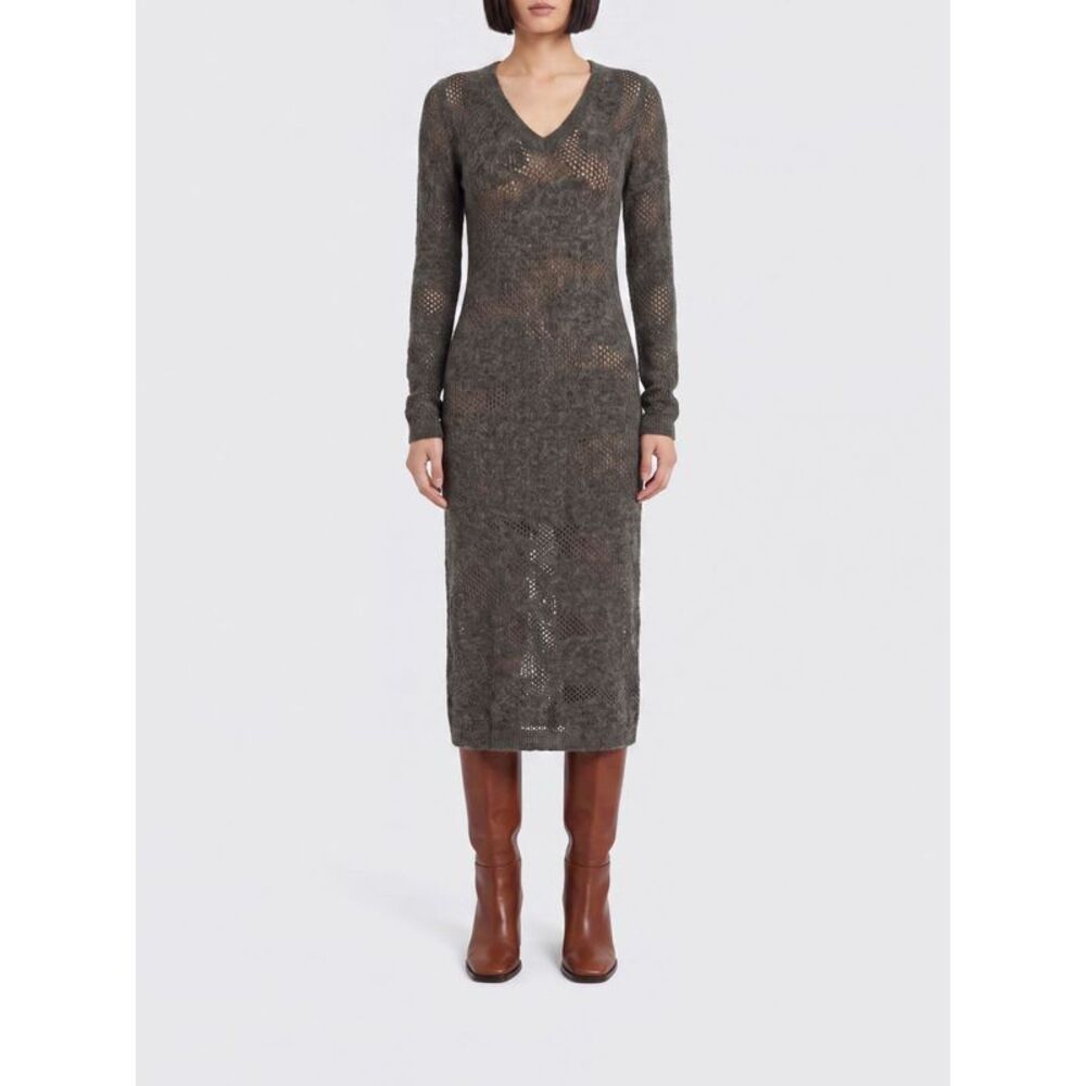 Brunello Cucinelli Women Brunello Cucinelli Slim Fit V-Neck Wool Knit Midi Dress
